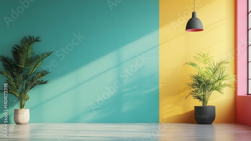 Interior Design with Colorful Walls and Plants in a Modern Room