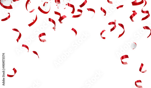 Red confetti and streamers falling on transparent background 