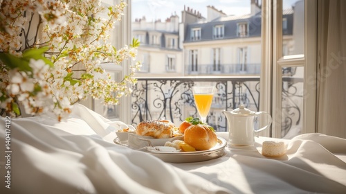 Elegant breakfast spread on a cozy bed with a view of Parisian architecture and blooming flowers