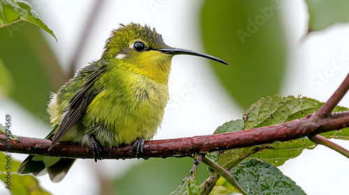 Small Green Hummingbird Perched on Branch