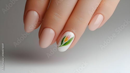 Close-up of a Woman's Hand with Elegant Peach and White Nail Art Featuring a Delicate Floral Design