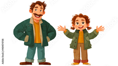 Happy Father and Daughter: A heartwarming illustration of a father and daughter, both wearing bright green jackets and smiling warmly, radiates joy and familial love.