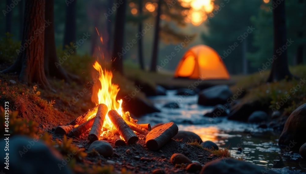 Campfire crackles near autumnal stream, illuminating cozy tent Forest backdrop at sunset , trees, woods Campfire crackles near autumnal stream, illuminating cozy tent Forest backdrop at sunset , trees, woods