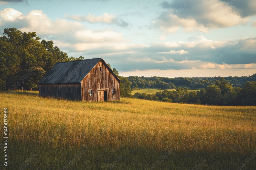 Rustic Wooden Barn in Golden Field