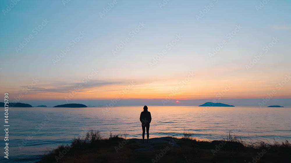Silhouette Of A Person Standing On A Coastline Watching Sunset Over The Calm Ocean With Orange Blue Sky