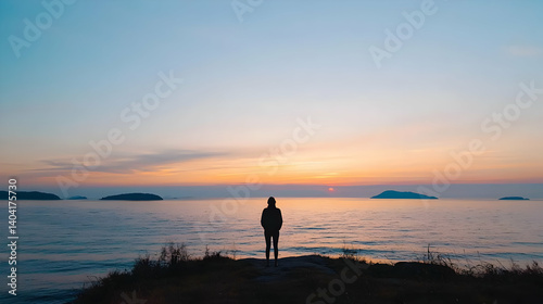 Silhouette Of A Person Standing On A Coastline Watching Sunset Over The Calm Ocean With Orange Blue Sky