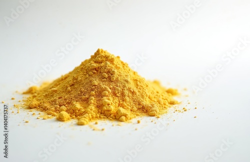 Heap sunflower lecithin powder on white background. Yellow nutrient ingredient. Healthy food for diet, nutrition supplement, liver nourishment. Closeup, isolated.