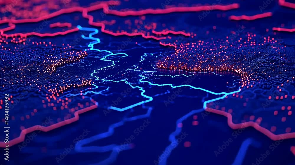 Digital map glowing data streams, network visualization, city, technology background Digital map glowing data streams, network visualization, city, technology background
