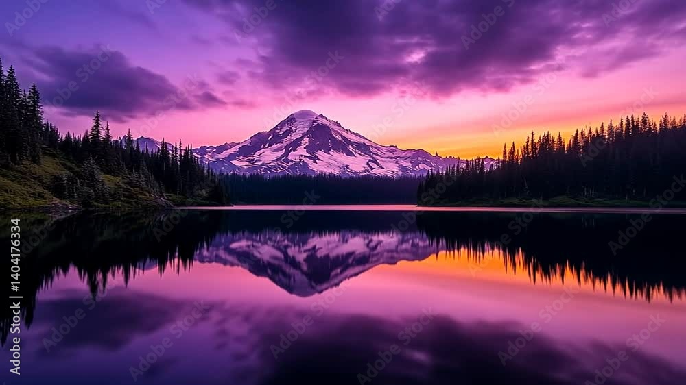 Serene mountain and forest reflected in tranquil lake under a vibrant, colorful sky at dusk Serene mountain and forest reflected in tranquil lake under a vibrant, colorful sky at dusk