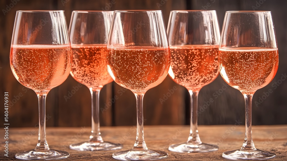 Sparkling Rose Wine Glasses on Wooden Table Sparkling Rose Wine Glasses on Wooden Table