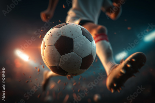 a stunning action photo mid-air of a brand new clean soccer ball flying mid-air with a soccer player  in the background