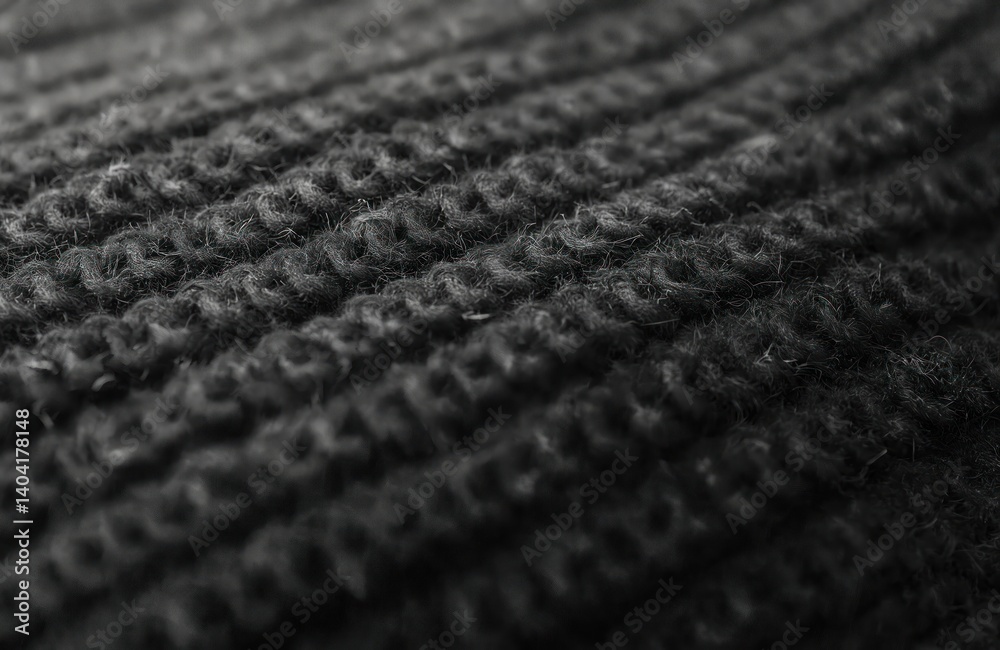 Black knitted wool textile material background. Dark grey cotton fabric woven canvas texture. Warm clothing design, winter fashion, detail, closeup macro.