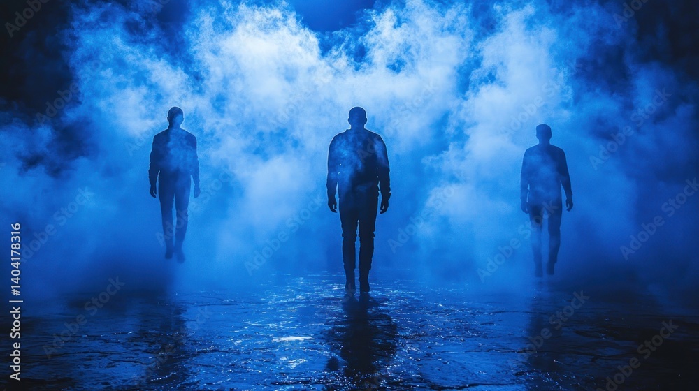 Fototapeta premium Three Silhouettes Walking Through a Mystical Blue Haze