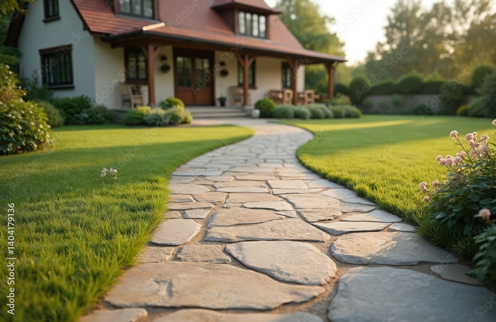Fototapeta premium Stone path leads to country house with rich green lawn. Landscaping design natural stone, green plants. Architectural home exterior with garden, pathway. Perfect for real estate, design projects.