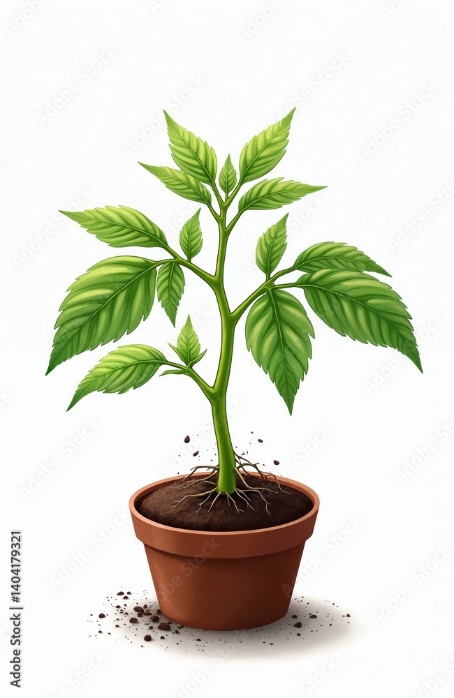 Young tomato seedling with green leaves, roots grows in pot. Illustration shows isolated plant, gardening, springtime concept of new life. Ideal for farming businesses, eco projects, plant stores Young tomato seedling with green leaves, roots grows in pot. Illustration shows isolated plant, gardening, springtime concept of new life. Ideal for farming businesses, eco projects, plant stores