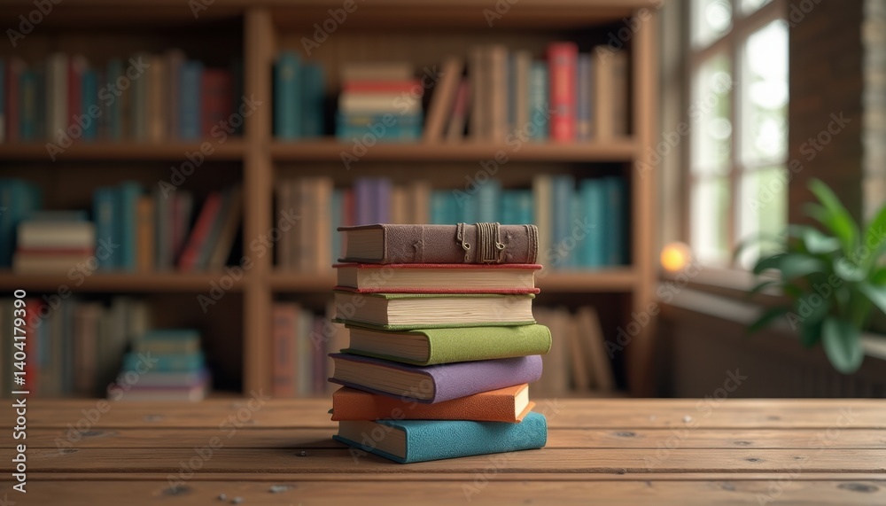 Wooden Desk with Stacked Books in Library Wooden Desk with Stacked Books in Library