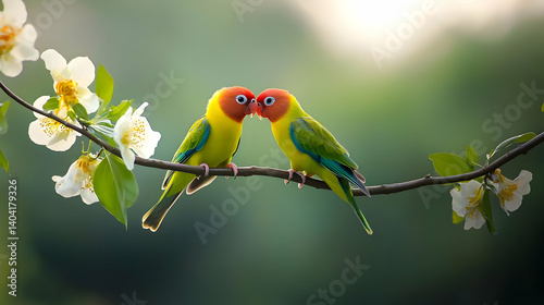 Colorful Lovebirds Kissing On Spring Branch