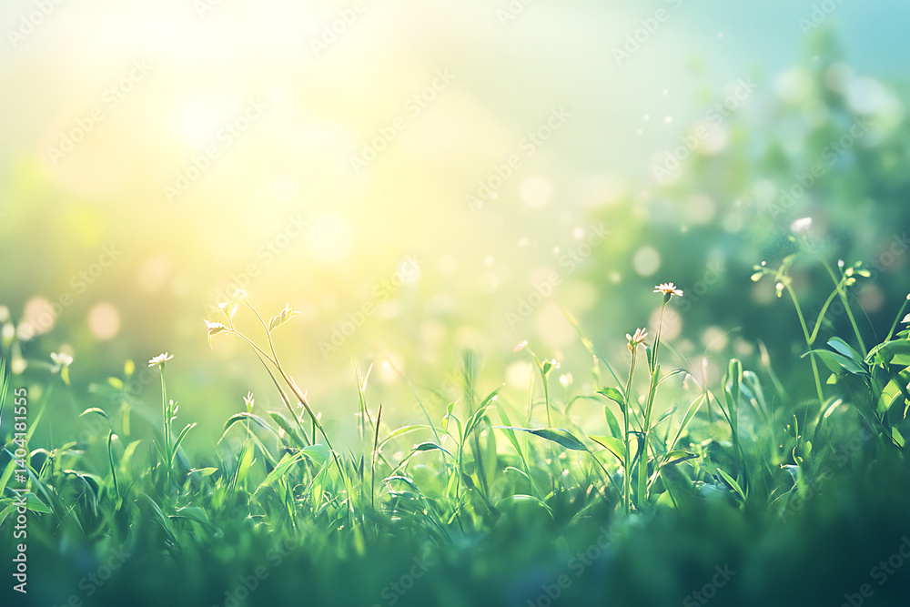 Spring background with green grass and blurred sun rays, with space for text Spring background with green grass and blurred sun rays, with space for text