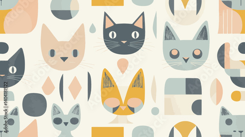 Seamless Vector Pattern of Cute Minimal Cat Faces in Pastel Tones for Backgrounds and Textiles