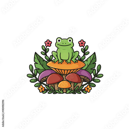 Cute Frog Sitting on a Mushroom Surrounded by Flowers and Leaves