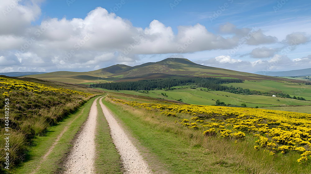 Naklejka premium Dirt Road Leading to a Hilltop Farmland Under a Sunny Sky