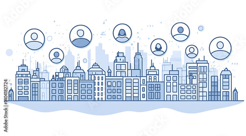 Business Community Icons with Line Art People in Cityscape, Blue and White Color Scheme