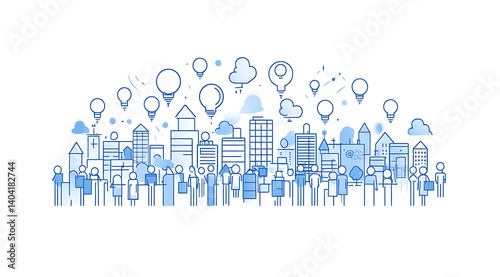Business Community Icons with Line Art People in Cityscape, Blue and White Color Scheme