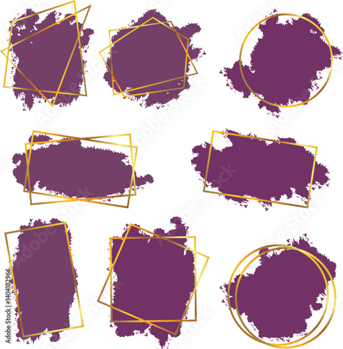Golden Frame Brush Strokes Set. Metallic Paint Borders for Text Boxes, Logos, Invitations, and Decorative Design Elements. Vector Illustration.