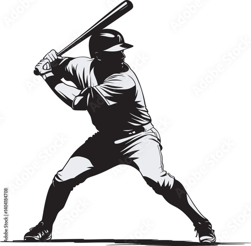 Black and White Sports Illustration of Baseball Player Ready to Swing – Dynamic Athletic Artwork, baseball player vector