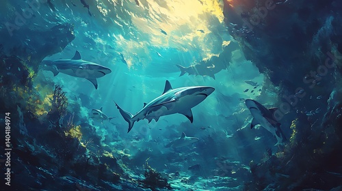 Magnificent sharks swimming peacefully through dark ocean with glowing rays high resolution image
