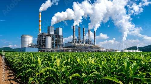 Modern sugar production factory using renewable energy and smart industrial farming methods.