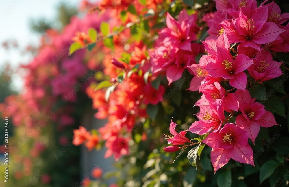 Fototapeta premium Vibrant bougainvillea flowers, green foliage creates tropical garden vibe. Colorful blossoms, pink, red, orange hues. Rich flora. Natural background. Summer, spring. Close-up shot. Beautiful floral