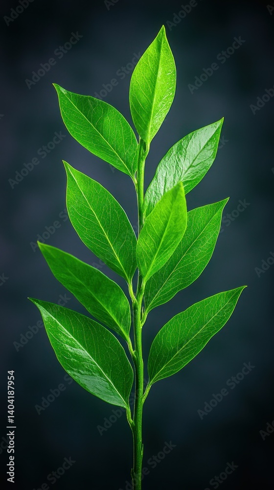 Naklejka premium Green leafy branch. Symmetrical plant growth against a blurred dark backdrop