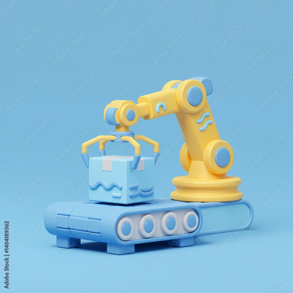 3D Robotic arm picking up a light blue box from a conveyor belt. 3D Robotic arm picking up a light blue box from a conveyor belt.