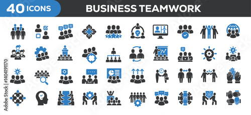 Business teamwork icons collection. Related organization, strategy, management. Solid colors style icons. Vector illustration isolated on white background