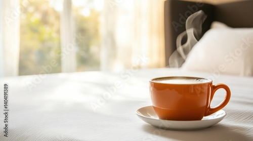 Wallpaper Mural A steaming orange coffee cup on a white bedspread, with sunlight filtering through curtains Torontodigital.ca