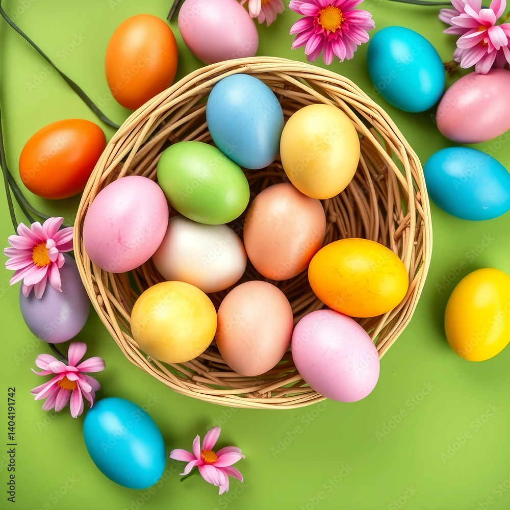 Playful top view of vibrantly dyed Easter eggs gathered around a straw wicker basket on a spring green background. Playful top view of vibrantly dyed Easter eggs gathered around a straw wicker basket on a spring green background.