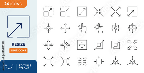 Resize line editable icon set. Increase, reduce symbol set with arrows. Vector illustration