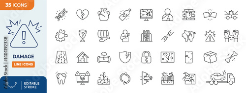 Damage line editable icon set. Contains icons related to damaged, broken, and more. Editable stroke. Vector illustration
