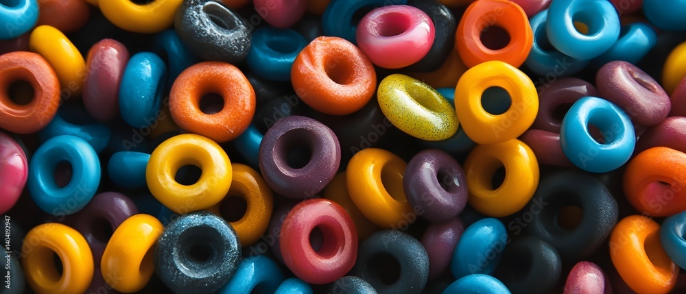 Fototapeta premium Colorful ring-shaped candies or cereal pieces filling the frame creating a vibrant pattern.