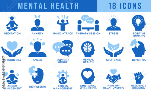 Set of mental health icons illustrating therapy, anxiety, depression, stress relief, mindfulness, emotional wellness, self-care, counseling, support, and psychological treatment concepts.
