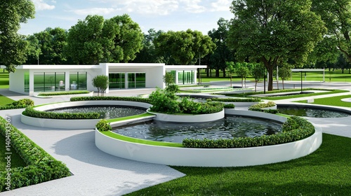 Green industrial zone with organic product flow and harmonious nature connection.