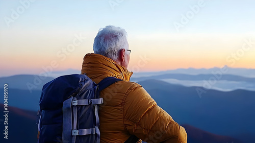 Senior Hiker with Backpack Observes Mountain Range and Sunrise from Peak