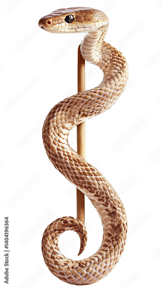 Fototapeta premium Coiled Snake on a Wooden Stick Isolated on a Transparent Background Photo
