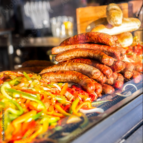 Fried sausages with onions and red peppers