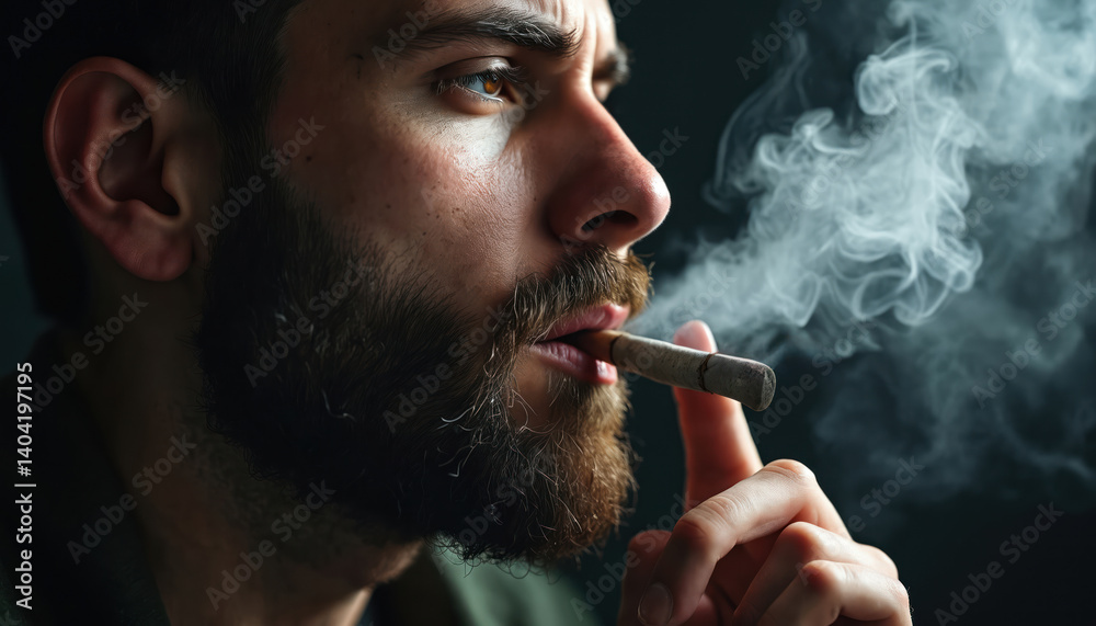 Fototapeta premium Close-up of bearded man smoking cannabis joint. Smoker exhales smoke from mouth, cigarette in his lips. Relaxation with a hand, detail. Lifestyle, habit, medicine.