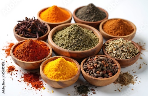 Fototapeta Naklejka Na Ścianę i Meble -  Assortment of aromatic spices and herbs in wooden bowls, arranged on white background. Culinary ingredients, seasoning for cooking, Ayurveda elements. Food preparation, culinary art, spice market.