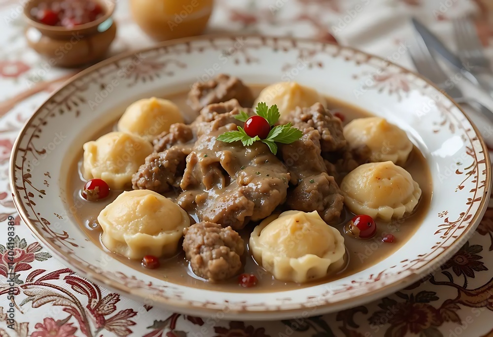 Serving Braised Meat with Dumplings and Cranberries in Bowl Serving Braised Meat with Dumplings and Cranberries in Bowl
