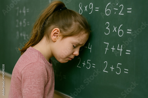 Sad elementary student feeling overwhelmed by schoolwork in front of chalkboard