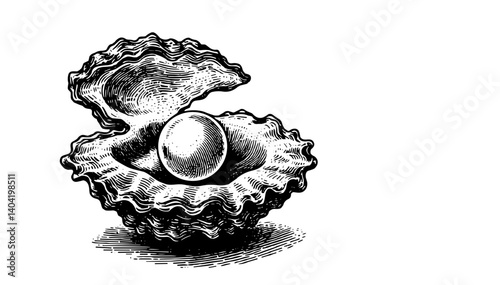 Vintage hand-drawn open oyster shell with a pearl 